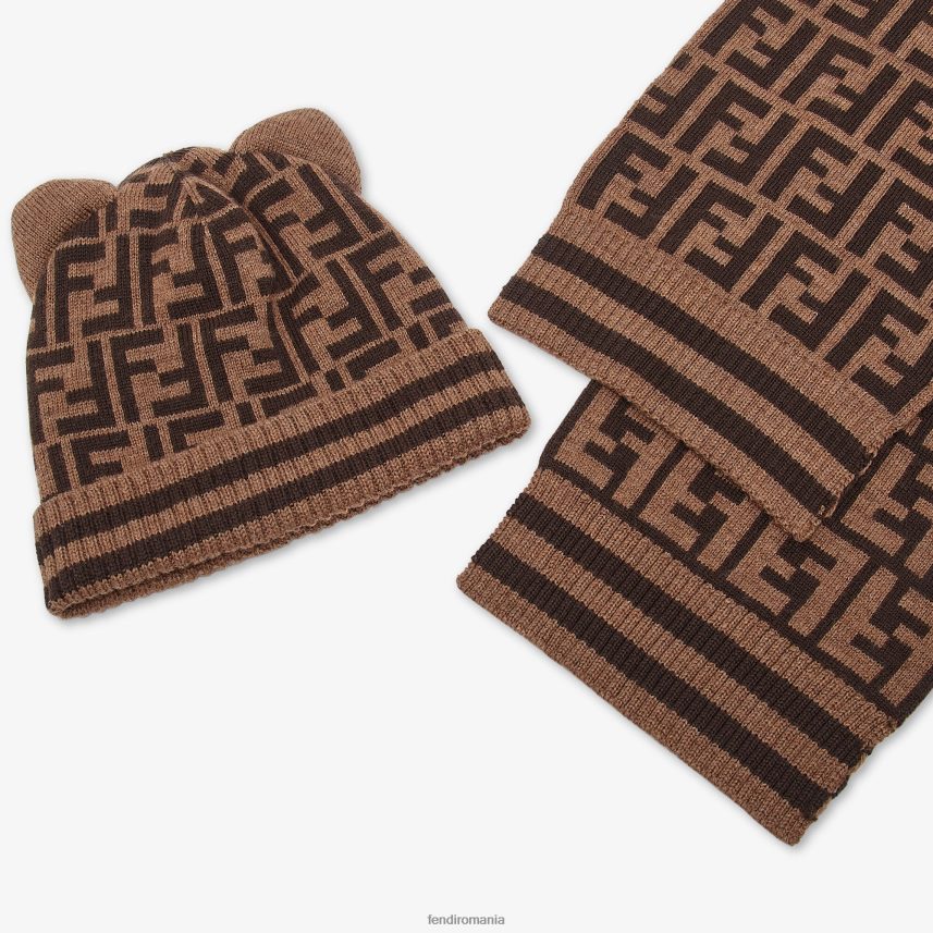 Set eșarfă și pălărie tricotate cu logo maro Fendi copii accesorii 86084L2760